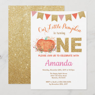 Girl Pumpkin Fall Birthday Invitation Gold Glitter