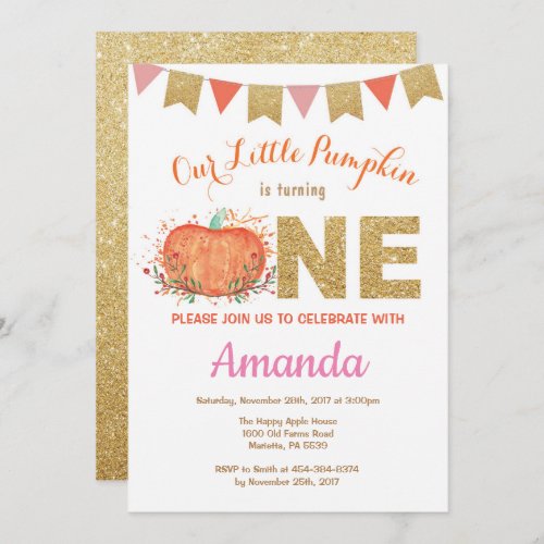 Girl Pumpkin Fall Birthday Invitation Gold Glitter