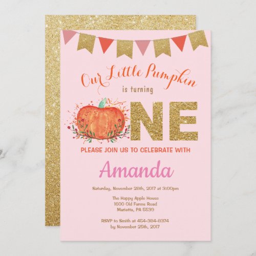 Girl Pumpkin Fall Birthday Invitation Gold Glitter