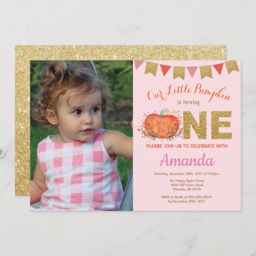 Girl Pumpkin Fall Birthday Invitation Gold Glitter