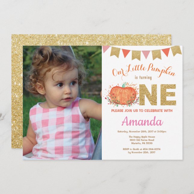Girl Pumpkin Fall Birthday Invitation Gold Glitter (Front/Back)
