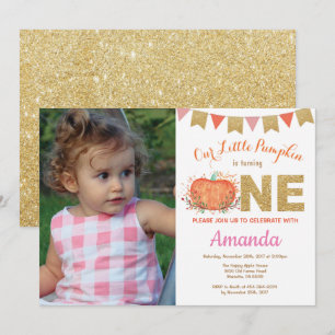Girl Pumpkin Fall Birthday Invitation Gold Glitter