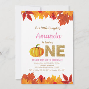 Girl Pumpkin Fall Birthday Invitation Gold Glitter