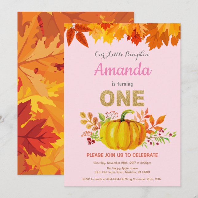 Girl Pumpkin Fall First Birthday Gold Glitter Invitation (Front/Back)