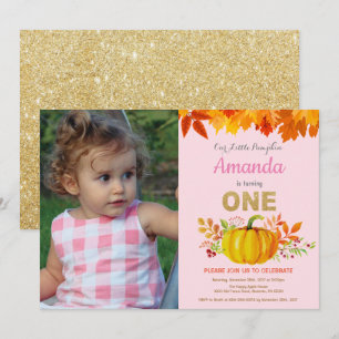 Girl Pumpkin Fall First Birthday Gold Glitter Invitation