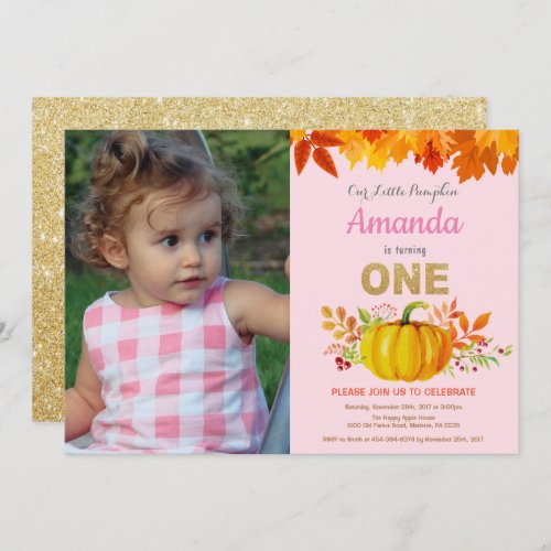 Girl Pumpkin Fall First Birthday Gold Glitter Invitation