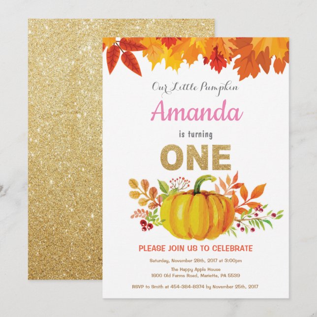 Girl Pumpkin Fall First Birthday Gold Glitter Invitation (Front/Back)