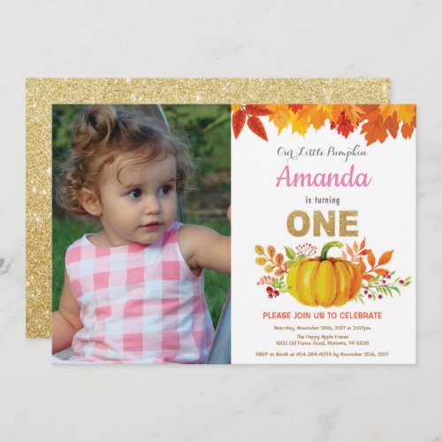 Girl Pumpkin Fall First Birthday Gold Glitter Invitation