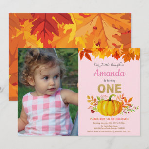 Girl Pumpkin Fall First Birthday Gold Glitter Invitation