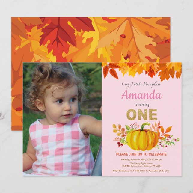 Girl Pumpkin Fall First Birthday Gold Glitter Invitation (Front/Back)
