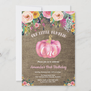 Girl Pumpkin First Birthday Floral Gold Burlap Invitation