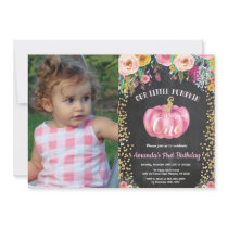 Girl Pumpkin First Birthday Floral Gold Chalkboard Invitation