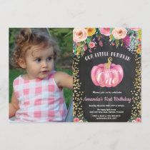 Girl Pumpkin First Birthday Floral Gold Chalkboard Invitation