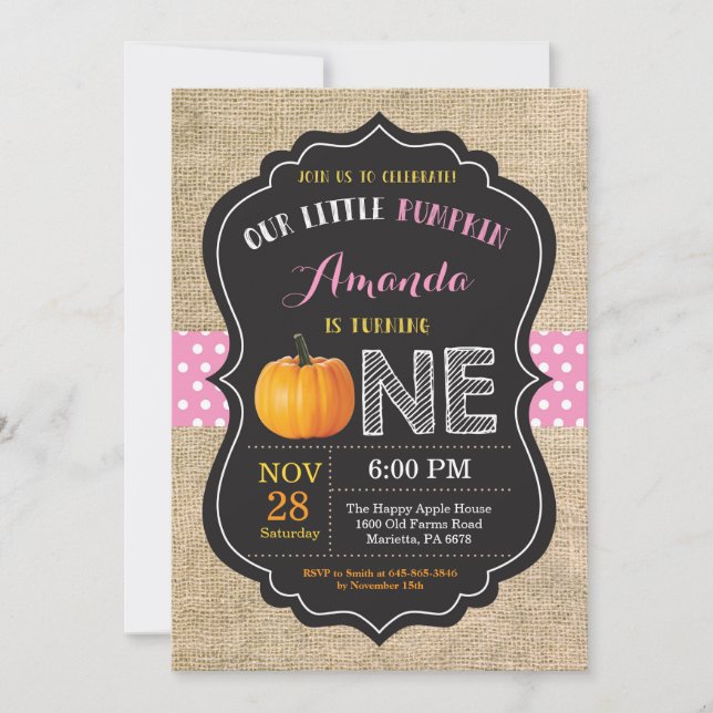 Girl Pumpkin First Birthday Invitation Burlap (Front)