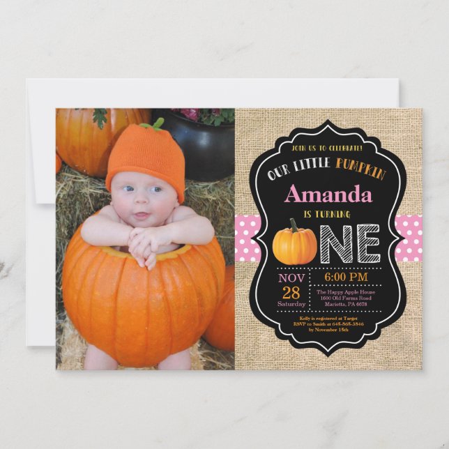 Girl Pumpkin First Birthday Invitation Burlap (Front)