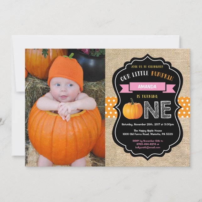 Girl Pumpkin First Birthday Invitation Burlap (Front)