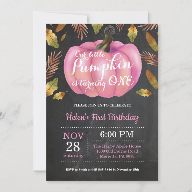 Girl Pumpkin First Birthday Invitation Pink (Front)