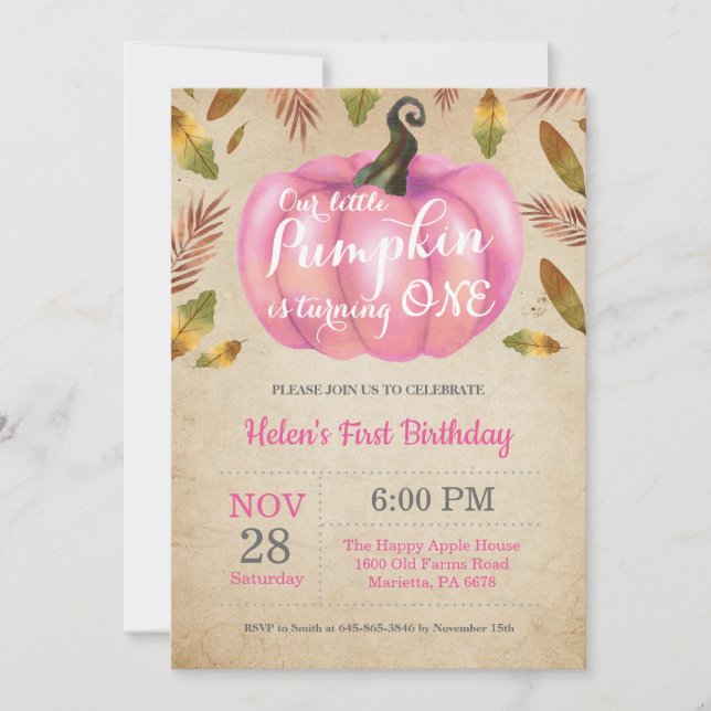 Girl Pumpkin First Birthday Invitation Pink (Front)