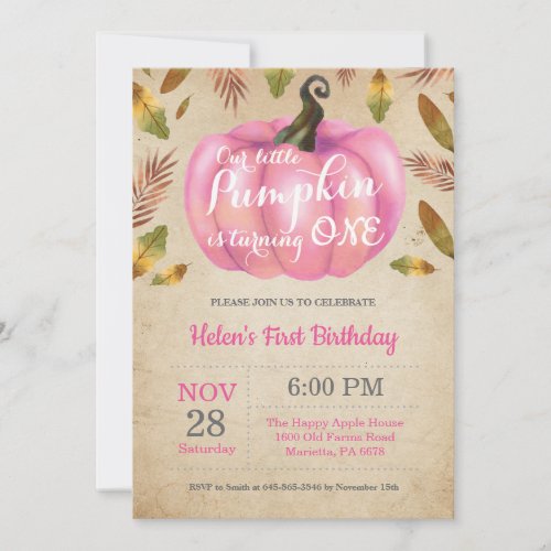 Girl Pumpkin First Birthday Invitation Pink