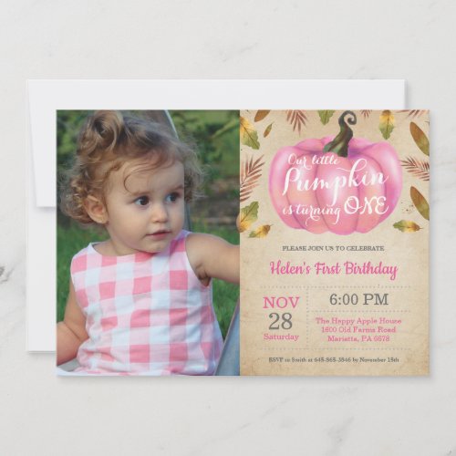 Girl Pumpkin First Birthday Invitation Pink