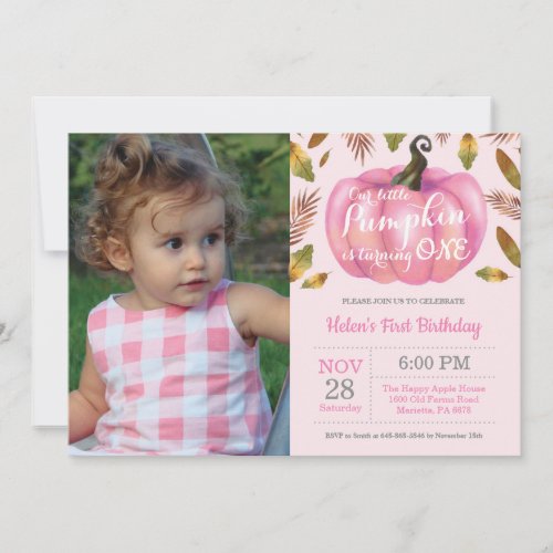 Girl Pumpkin First Birthday Invitation Pink