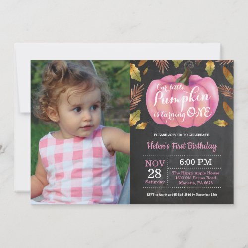 Girl Pumpkin First Birthday Invitation Pink