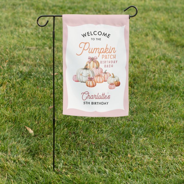 Girl Pumpkin Patch Bows Birthday Party Welcome Garden Flag (In SItu)