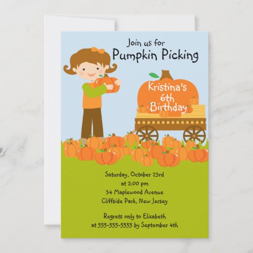 Girl Pumpkin Picking Birthday Party Invitations