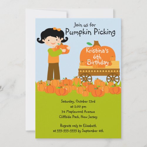 Girl Pumpkin Picking Birthday Party Invitations