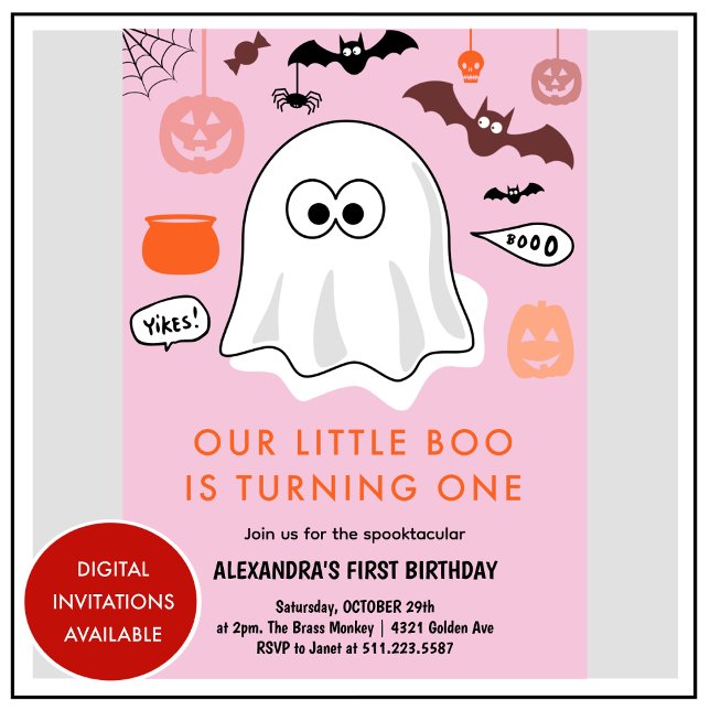 Girl Pumpkin Pink Ghost Halloween 2nd Birthday Invitation (Halloween-2nd-birthday-Invitation-ghost-girl-pink-1)