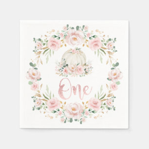 Girl Pumpkin Rose Gold Floral 1st First Birthday Napkins