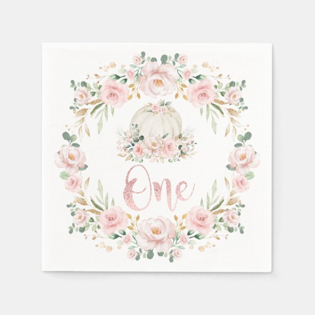 Girl Pumpkin Rose Gold Floral 1st First Birthday Napkins (Front)