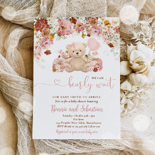 Girl Pumpkin Teddy Bear Floral Fall Baby Shower Invitation