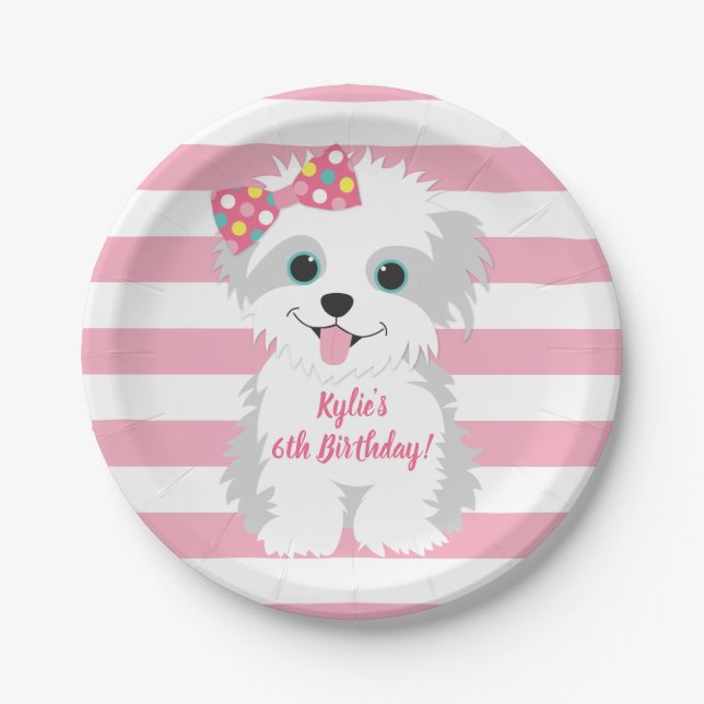 Girl Puppy Birthday Party Paper Plates (Front)