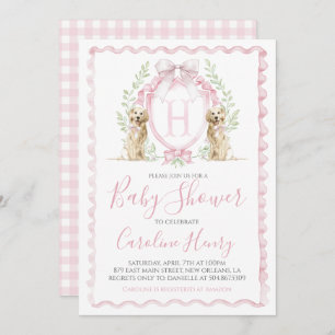 Girl Puppy Dog Baby Shower Preppy Pink Gingham Invitation