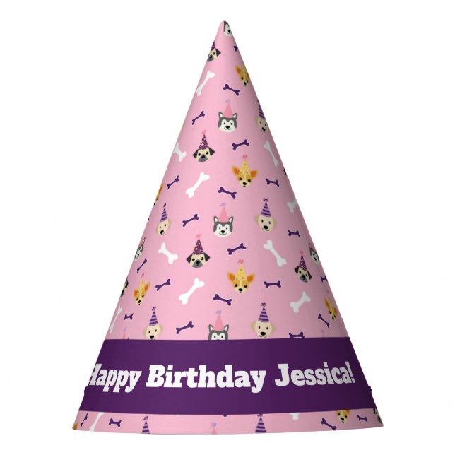 Girl Puppy Party, Pink and Purple Dog Birthday Party Hat (Front)