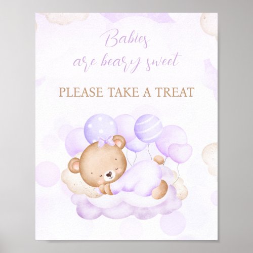 Girl Purple Bear Baby Shower Favor Sign