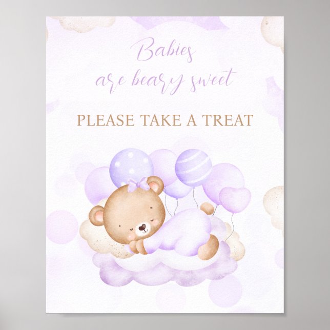 Girl Purple Bear Baby Shower Favor Sign (Front)
