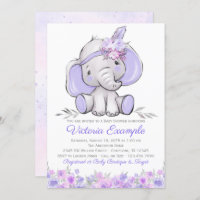 Girl Purple Boho Elephant Baby Shower Invitation