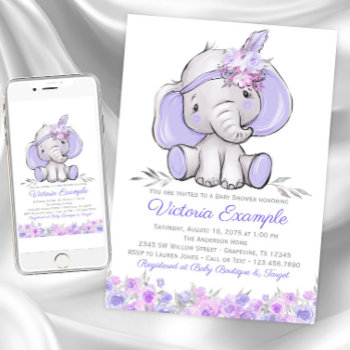 Girl Purple Boho Elephant Baby Shower Invitation by The_Baby_Boutique at Zazzle