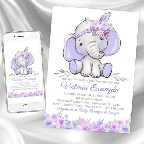 Girl Purple Boho Elephant Baby Shower Invitation
