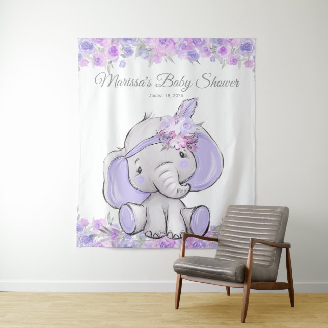 Girl Purple Boho Elephant Baby Shower L Backdrop (In Situ)