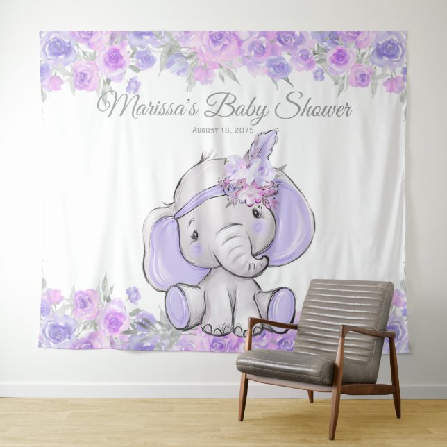 Girl Purple Boho Elephant Baby Shower XL Backdrop (In Situ (Horizontal))