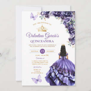 Girl Purple Dress Quinceañera 15 Anos Flowers Gold Invitation