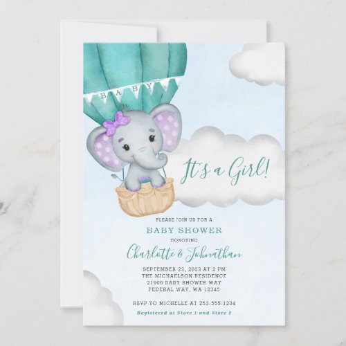 Girl Purple Elephant Baby Shower Invitation