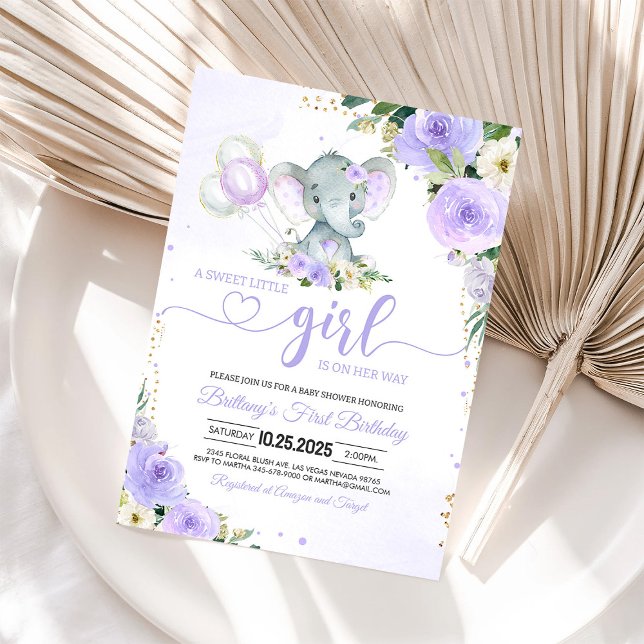 Girl Purple Elephant Baby Shower Invitation (Creator Uploaded)