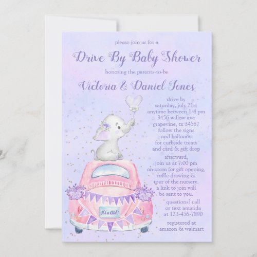 Girl Purple Elephant Car Drive By Baby Shower Invitation