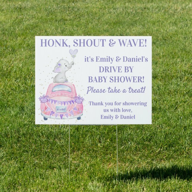 Girl Purple Elephant Car Drive By Baby Shower Sign (Insitu)