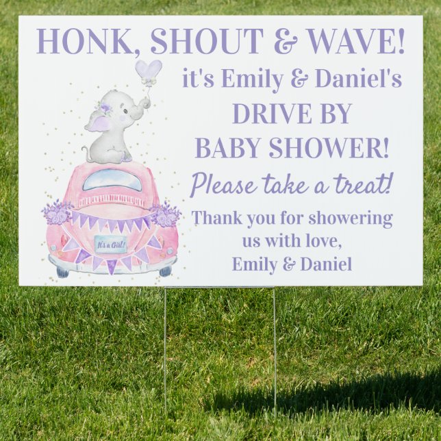 Girl Purple Elephant Pink Car Drive By Baby Shower Sign (Insitu)