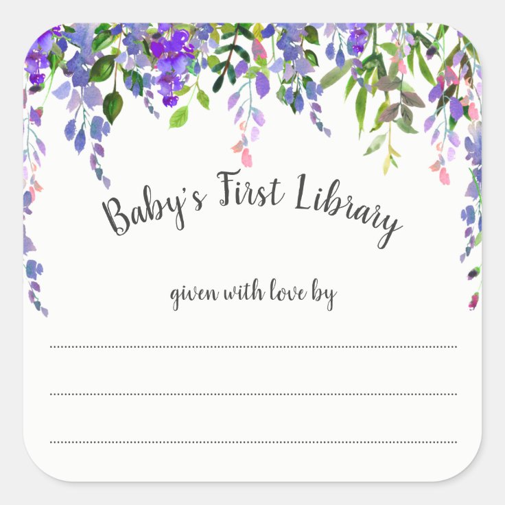 Girl Purple floral bookplate, book baby shower Square Sticker Zazzle